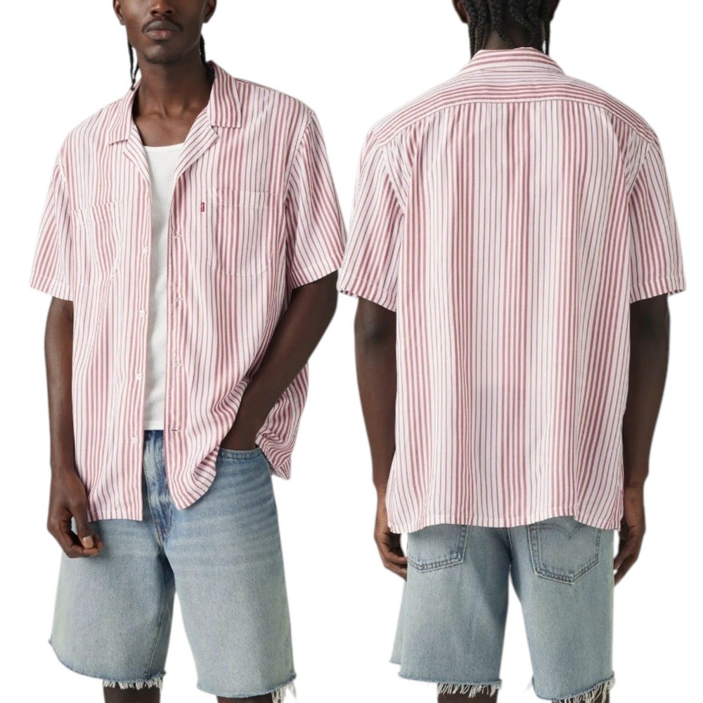 Levis XL Relaxed Red Striped Camp Shirt Short Sleeve Button Summer Retro Classic